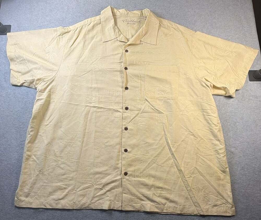 Caribbean Pure Silk Men's Button Front Tropical Camp Shirt Yellow